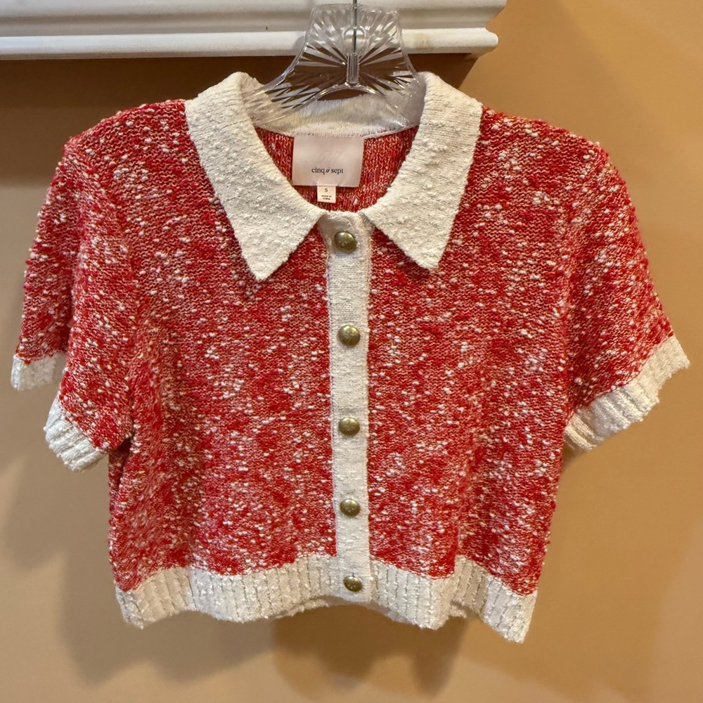 Red and White Button-Up Knit Cardigan